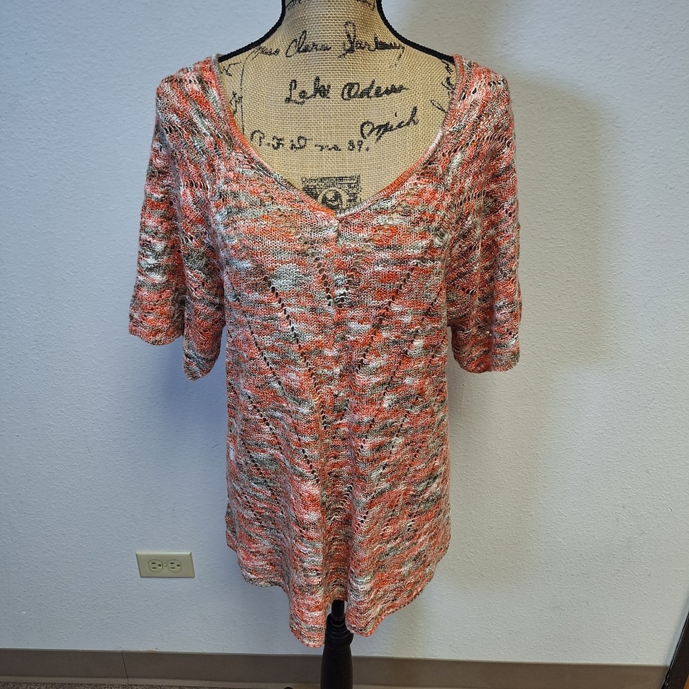 Dress Barn Open Knit V-Neck Crochet Style Orange, Beige Sweater Loose 2X